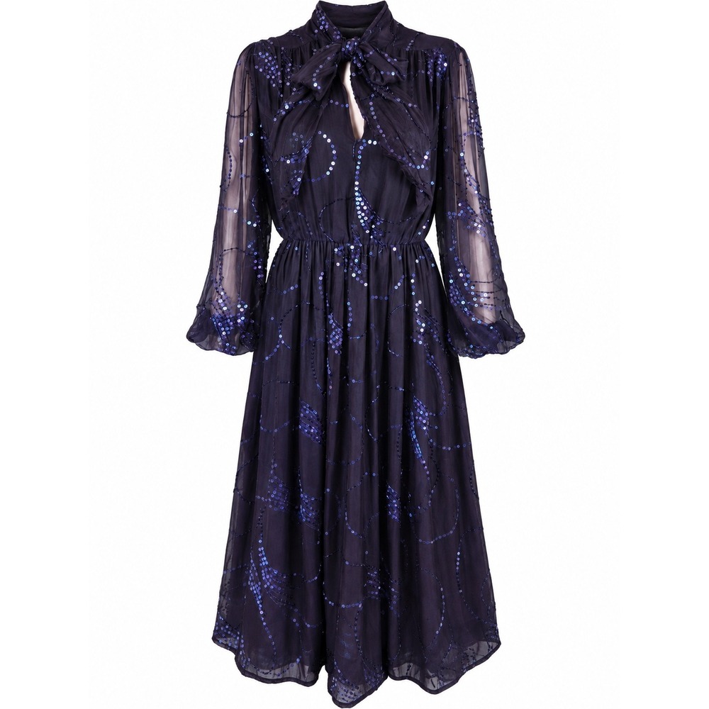 Vintage Tracy Mills 100% Silk Sequin Beaded Midi Dress Purple Size 8 NWT